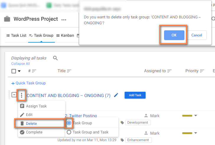 icon > Delete > Task Group > Ok.